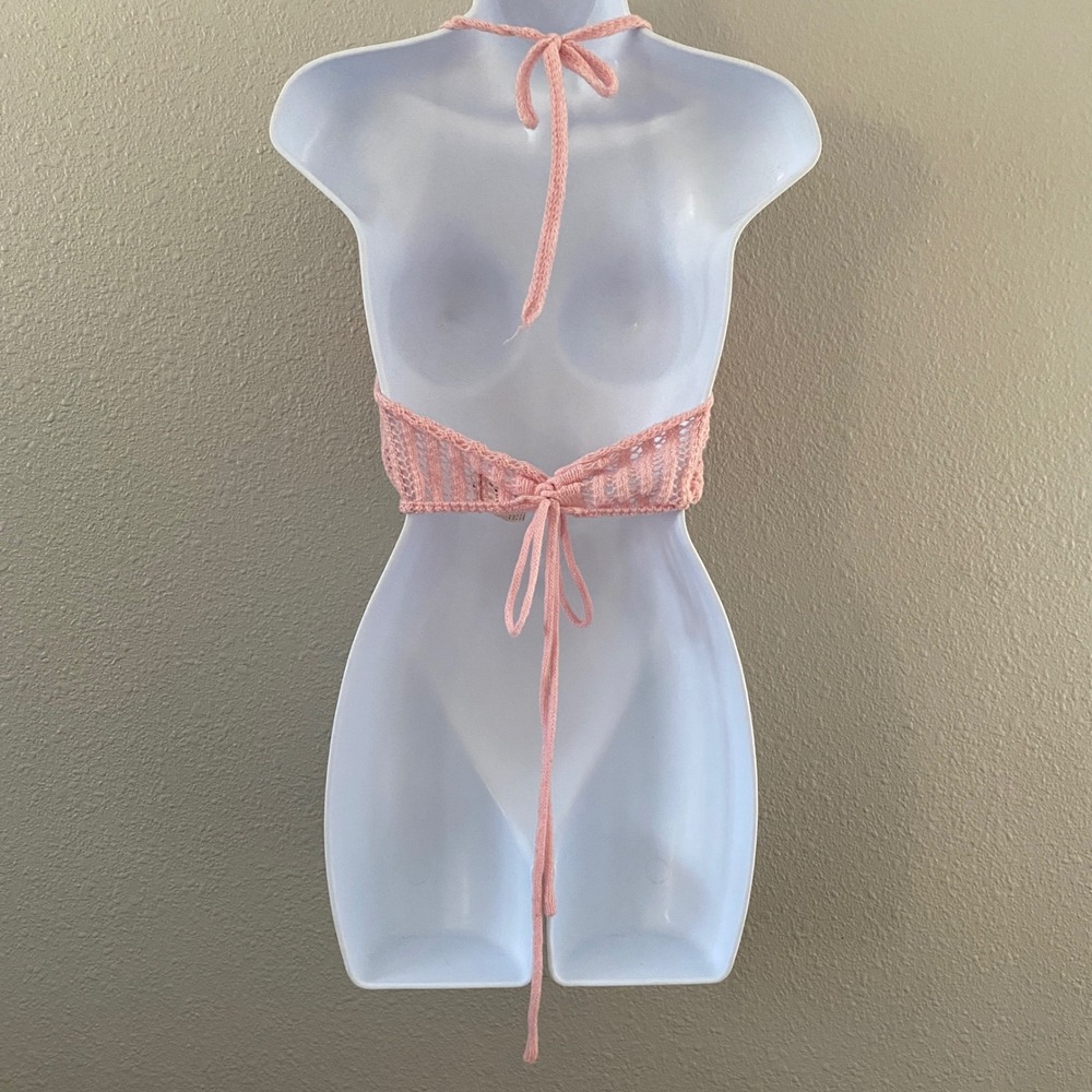 Pink Knit Strawberry Halter Top Medium Festival Knitted Cottagecore Feminine - Picture 2 of 7